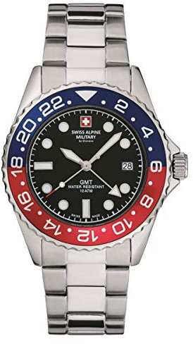 Swiss alpine military by grovana swiss alpine military herrenuhr gmt analog quarz 7052 edelstahl, stahl blau rot schwarz 1131sam, armband