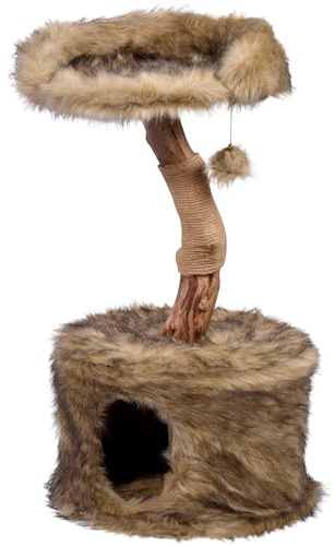dobar® Rubin 35288FSCe Design katt klösstolpe naturligt trä kattmöbler med lekboll kattgrotta med plysch och liggande yta klo vård med jutediameter 45 x 78-88 cm brun