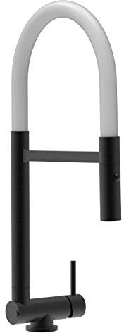 Chrom schwarz matt Küchenmischer mit weiß schwenkbarem Auslauf und abnehmbarer 2 strahl Handbrause - Gesamthoehe nur 4,5 cm