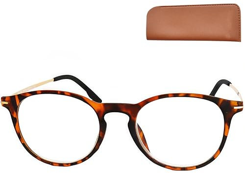 Moderne Nerd Anti Blaulicht Brille Lesebrille mit große Runde Gläsern, Gratis Etui, Kunststoff Rahmen (Leopardenmuster), Blaulichtfilter Brille Damen und Herren 1.0 Dioptrien