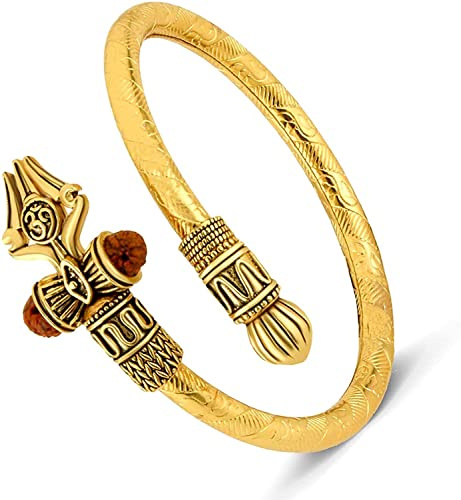 Rudraksha Shiv Om Trishul Damroo Kada per uomo, bracciale Lord Shiva Bahubali per uomo, ragazzo | Ottone religioso Kada | Bracciale misura libera per Maha Shivratri