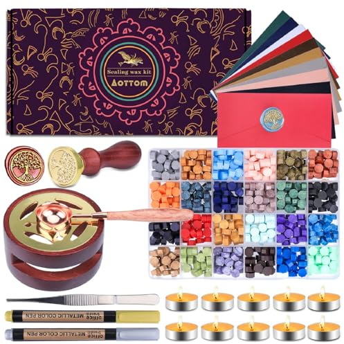 Aottom Kit de Sello de Cera, 650 Piezas Con 2 Sellos y Cuchara de Fundir, Para Invitaciones de Boda, Tarjetas, Navidad, Sobres, Papel de Regalo - 24 Colores