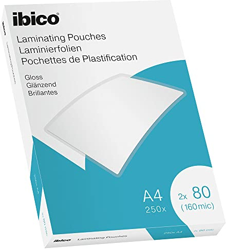 Ibico Laminierfolien A4 160 Mikron (2 x 80 mic), 250 Stück, Glänzende Heißlaminierfolien, Abgerundete Ecken, Ideal für Büro oder Schule, Transparent, Kristallklar, 628604
