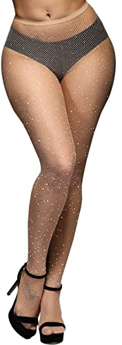 WLLHYF Calze a rete scintillanti a vita alta da donna con strass e paillettes, color carne, Taglia unica