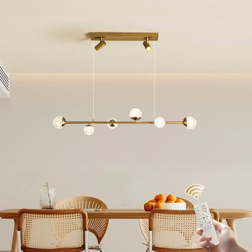 Oninio Gold Pendelleuchte 3000K-6000K Dimmbarer LED Pendelleuchte mit Fernbedienung Elegante 46W Hängeleuchte Esstischlampe Verstellbare Höhe für Wohnzimmer, Küche, Esszimmer 120cm