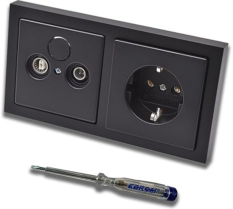 Busch Jäger Set : boîte de passage à 2 trous, plage de fréquence 5-2400 MHz, compatibilité radio/TV/SAT avec cadre future linéaire noir mat, prise 20EUC-885 + testeur de phase EBROM pour montage des
