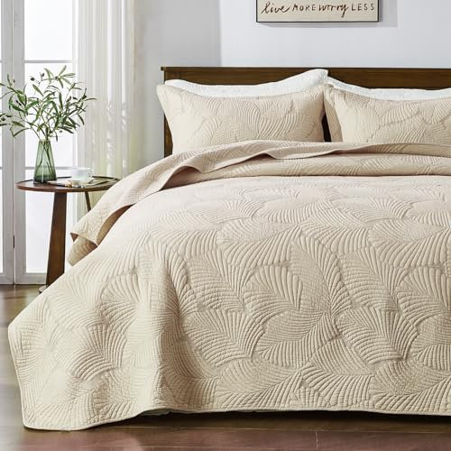 Qucover Tagesdecke 220x240cm Beige, Baumwolle Bettüberwurf, Ultra Weiche Stickerei, Bedspreads, Steppdecke Mit 2 Kissenbezügen, Sofa Überwurfdecke Wohndecke Für Bett