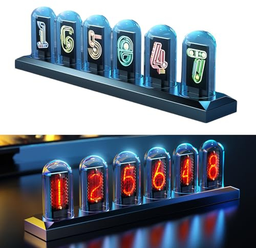 CEIEVER LED Nixie Uhr, Nixie Tube Clock mit 2 Zeitmodi Nixie Röhrenuhr IPS Color Screen Digital Clock Röhren Uhr für Zuhause,Schlafzimmer,Schreibtisch,Dekoration