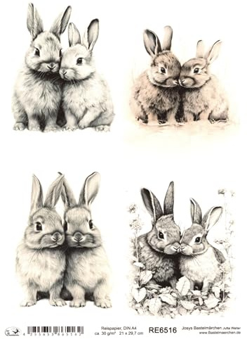 Josys Bastelmärchen Reispapier A4 Strohseide Decoupage Ostern Hase Süße Häschen RE6516