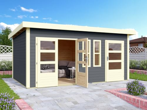 Karibu Gartenhaus Zweiraumhaus | Gerätehaus mit 28 mm Wandstärke | Doppelflügeltür + Einflügeltür + 2 Räume | 11,34 m² Grundfläche | Steck-/Schraubsystem | Terragrau | 424 x 274 x 230 cm
