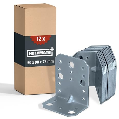 HELPMATE – 12 connecteurs d'angle avec nervure – 50x90x75 mm – galvanisé, passivé bleu, connecteur en bois – argenté | Connecteur en bois galvanisé et passivé bleu - Protection contre la corrosion, trous pré-percés et montage facile