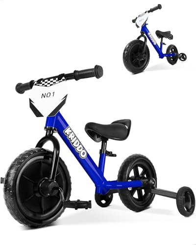 KRIDDO 2-in-1 Triciclo per bambini e bici senza pedali per bambini di 2 anni, pedali staccabili e rotelle ripiegabili, piastra DIY, giocattolo da cavalcare triciclo dai 18 mesi ai 3 anni, Blu