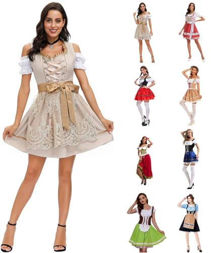 Generic Dirndl-Komplettset Kostüm Knielang 3 Teilig Für Damen - Oktoberfest Outfit Trachten Midi Größen (2-Champagne, 3pc, XL)