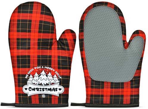 Weihnachten Backhandschuhe Ofenhandschuhe Hitzebestaendig,1 Paar Baumwolle Topflappen Handschuh weihnachts, Topfhandschuhe Hitzebeständig, Anti-Rutsch Kochhandschuhe Silikon zum Kochen, Backen,Grillen