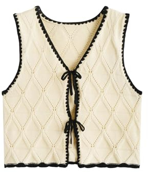 Verdusa Women's Old Money Bow Tie Crochet Sweater Vest Contrast Binding Knot Front V Neck Knit Top Beige Small