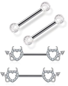 PiercingJak 2 Paar Brustwarzenpiercing Chirurgenstahl 14G Nippelpiercing Barbell für Frauen Damen Brustpeircing Bars Nippel Ringe 14mm Körperpiercing Teufel Punk Schmuck