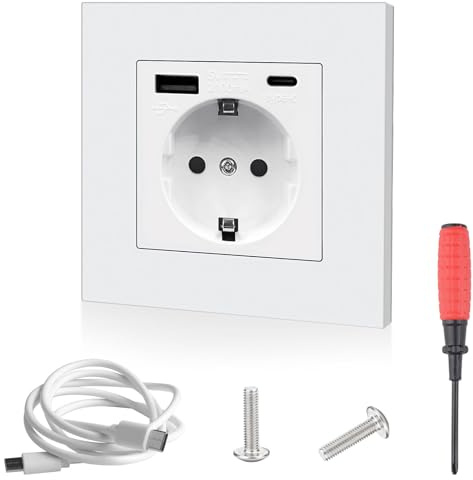 Unterputz Steckdose mit USB Anschluss(5V 2.1A) und Typ C Weiß 220-250V/16A | Unterputz Steckdose USB mit Datenkabel USB C auf USB C und Schraubendreher Einzelsteckdose Wandsteckdosen 1Fach - 86×86mm
