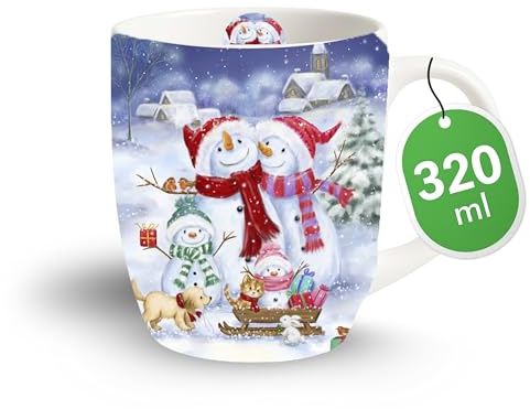 Tasse Weihnachten Familie Schneemann mit Tiere aus Porzellan. Motivtasse für den gedeckten Tisch und als Geschenk für Weihnachten 0,32L x H10,5cm