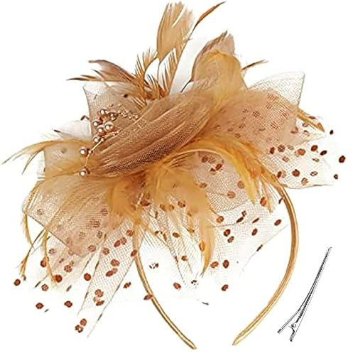 YEAMLTE Fascinator Hüte für Damen, Mesh Federn Stirnband mit Clip, Fascinator Hut Damen, Flower Mesh Face Veil Feather Hair Clip, Fascinator Damen, für Masquerade Karnevalshut (Gold)