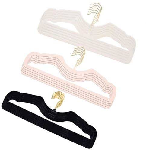 Hochwertige Samt Kleiderbügel,Coat Hanger- Platzsparendes Design, 360° drehbar, Elfenbein, Rosa und Schwarz mit goldenen Haken - Optimaler Schutz für Ihre Kleidung.