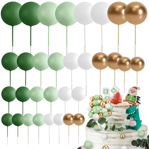 Ball Cake Toppers, 32Pcs Cake Balls Birthday Cake Decorations Foam Balloon Cakes Topper Mini Balloon Cake Topper Green and Gold Balls for Wedding Birthday Cakes Decorating