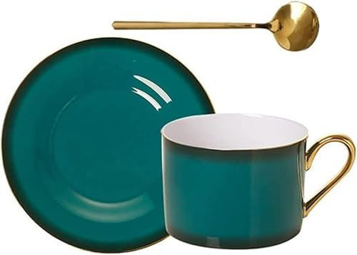 Set di Tazze da tè e caffè in Ceramica Bone China, Set di Tazze da tè e piattini e cucchiai in Porcellana Bone China, Tazza da caffè e piattini, Tazza da Latte in Porcellana da 8,5 oz/250 ml(Green)