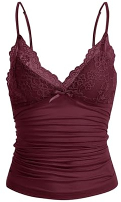 GORGLITTER Dam Y2k Camisole spagettiremmar toppar crop top v-ringad topp med kontrast spets, Bordeaux, XS