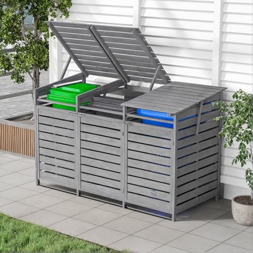 Warmiehomy Wheelie Bin Storage Triple Wheelie Bin Hideaways Outdoor 3 Bins Shed Wooden Wheelie Bins Storage Garden Large Garbage Store 198cm x 86cm x 122.5cm, Grey