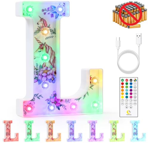 mooncow Rechargeable Unicorn Light Up Letters，Durable Marquee Letters,Colorful Initial Night Light with Remote,Wall Decor,Bedroom Decor,Party Decoration,Gift Wrap Gifts (L)