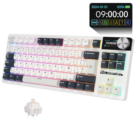 RK Royal KLUDGE RK S85 -Teclado Mecánico Español -Teclado Inalámbrico Gaming 80% -ISO-ES- Bluetooth/2.4G/USB-C- Hot Swap- Pantalla LCD- RGB-Mac/Windows-Mod. White Night/Switch Táctil Beige(Brown).