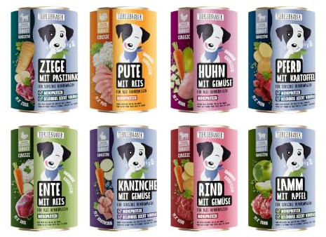 Hundefutter Nass 400g Probierpaket à 8 Sorten – Hunde Nassfutter Wet Dog Food tierärztlich entwickelt – Hundenassfutter 400g Dosen mit hohem Fleischanteil – Leicht verdaulich von TIERLIEBHABER