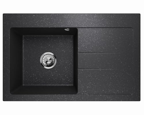 Lavello - Fregadero de granito color grafito – Fregadero de montaje profundo 88x50 cm – Fregadero de cocina de 1 cubeta con escurridor, fácil de cuidar, resistente a los arañazos, reversible - incluye