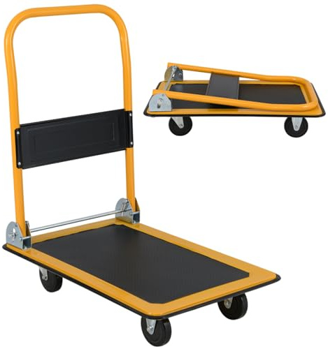 HOMFME Folding Platform Trolley, Heavy Duty Flatbed Platform Truck Dolly with Handle, Moving Push Hand Sack Truck Luggage Cart for Loading (Black+Yellow, 73x48x83cm,150kg Capacity)