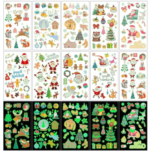 WeddHuis 10 pezzi tatuaggi natalizi luminosi per bambini, adesivi natalizi e regalini natale, riempitivi per calendario avvento fai da te, gadget natalizi, regali natale bambini e fine festa