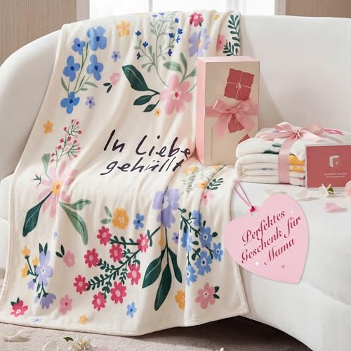 BEDSURE Geschenke für Freundin Kuscheldecke - Deko Decke für Freund, Papa, Oma, Mama & Frauen - Weiche Flauschige Fleecedecke, Geschenk für Muttertag, Vatertag, Geburtstag - 130x150 cm Weiß Blumen
