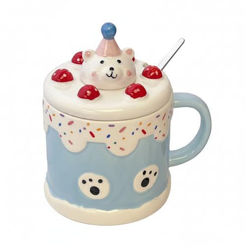 Taza Bonita para Mujer 450 ml, Taza de Café con Tapa y Cuchara, Idea de Regalo Original, para Leche, Café, Té, Desayuno, Regalo para Cumpleaños y Navidad (Azul)