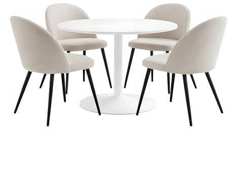 ebuy24 Essgruppe mit 4 Stühlen - Carry Skagen Ø110 cm runder Esstisch Oberfläche Weiß Bezug Beige Velours rund platzsparend kompakt modern Wohnküche Esszimmer Sitzgruppe Essplatz Esszimmergruppe