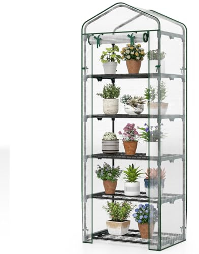 HOMASIS Gewächshaus mit 5 Ablagen, kleines Foliengewächshaus mit Rolltor & Eisennetzen, Mini Treibhaus aus Stahl & PVC, winterfestes Tomatengewächshaus für Garten (Transparent, 69x48x190cm)