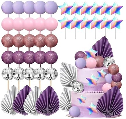 Disco Balls Cake Toppers-Dancing Queen Cake Topper Purple Palm Leaves Cake Decoration Balls Cake Decoration Singer Stars Purple Butterfly Balls Cake Supplies for Birthday Party Decoration