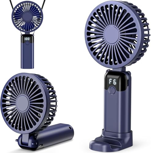 Ventilador de Mano Portátil, 6 Velocidades Ajustables, Recargable USB, Batería 4000mAH, Pantalla LED, Plegable Silencioso Ventoinha Portatil para Oficina, Hogar,Dormitorio,Viajes y Exteriores (Azul)