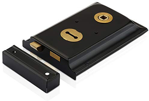 XFORT® Traditional 6 x 4 Rimlock, Surface Mounted Rim Sashlock with in-Built Latch and Key Operated Deadbolt, Ideal for Timber Doors or Gates on Outbuildings (Black).