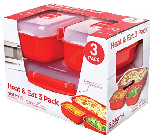 Sistema Heat & Eat contenitori per microonde | Lunch box impilabili con coperchi a tenuta stagna e chiusura a clip | Rosso/trasparente | Confezione da 3