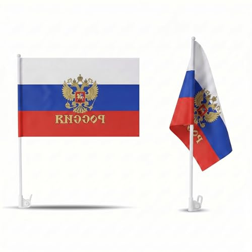 2er Set Auto Fahne Russland mit Wappen - Autofahnen Russische Flagge 30 x 45 cm, Fußball Fanartikel, WM & EM, Länderflagge Russland
