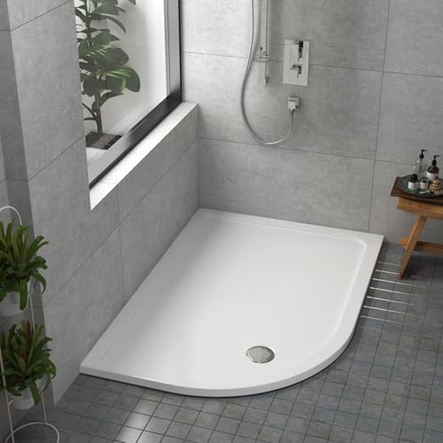 Bathroom 1200 x 800mm Shower Tray Gloss White Slimline 30mm Stone Resin Left Handed Offset Base with Free Waste Trap Kit