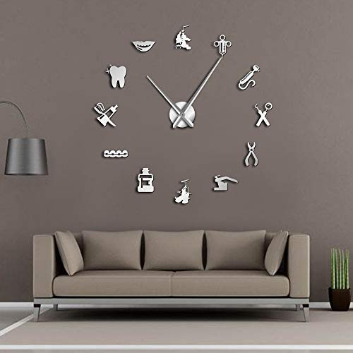 Beisite Orologio da Parete Gigante per Dentista - DIY Decorazioni di Grandi Dimensioni Con Specchio e Ago Grande - Regalo Medico Art (Argento, 37)