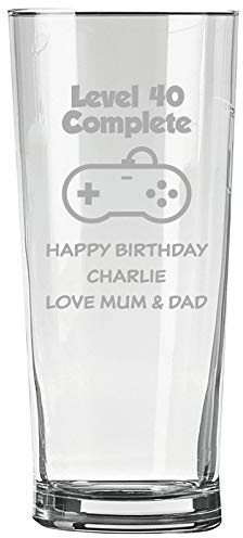 Personalised Engraved Pint Glass - 40th Birthday Gift, Level 40 Complete with Personalised Name and Message Design