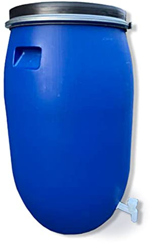 AGROHIT Regentonne 220 l, Weithalsfass aus Kunststoff, Kunststoffbehälter zur Aufbewahrung von Regenwasser, mit Deckel, Metallring & Wasserhahn, Lebensmittelecht, Regenfass, Blau
