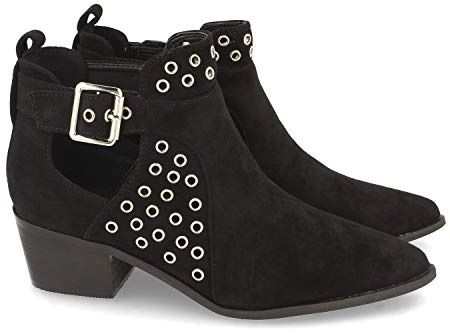 shoes&blues.es Botin de Mujer con Tacon, Estilo Casual, con Punta Fina, Tobillo Abierto, Tachas, y Cierre de Hebilla, Primavera Verano 2021. Talla 36 Negro