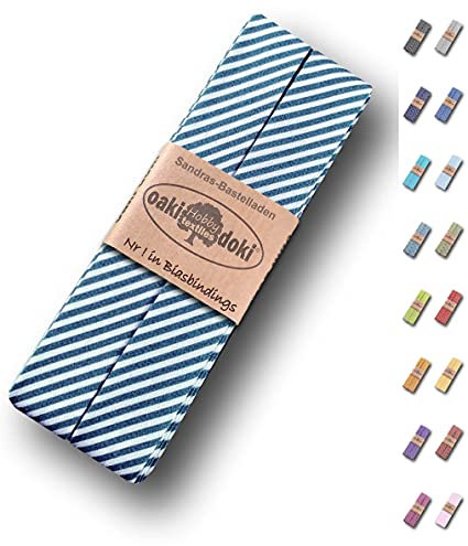 Sandras-Bastelladen Schrägband/Einfassband Baumwolle gefalzt 3m x 20mm - Streifen Muster 6007-Petrol-Weiß