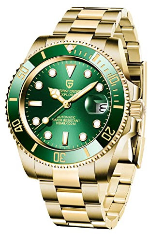 Klockor för män Pagani Design herrklockor automatisk mekanisk analog datum rostfritt stål guldklocka 100 m dykklocka keramisk infattning syntetisk safirglas (gyllene grön), Gyllene grön, armband
